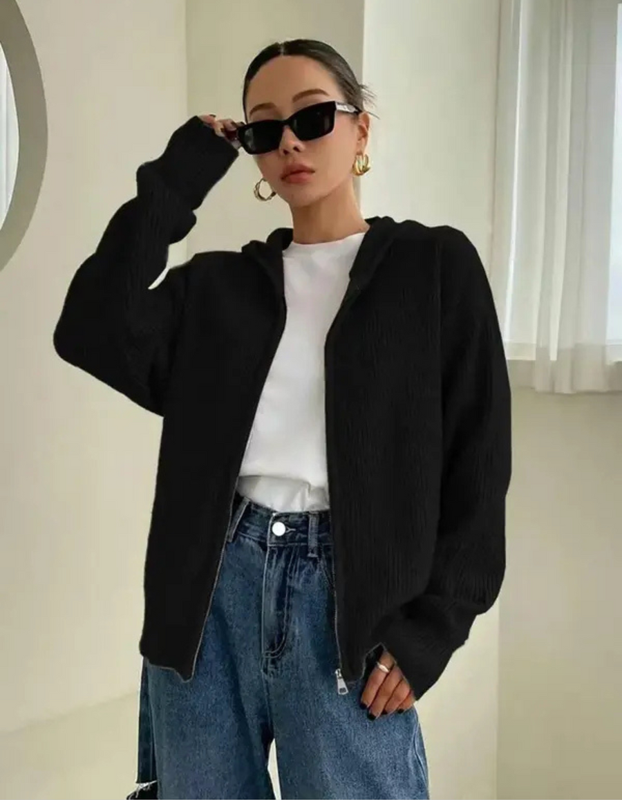 LARALI | Casual Zip-Up Hooded Long Sleeve Cardigan