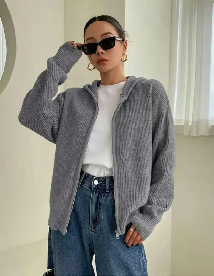 LARALI | Casual Zip-Up Hooded Long Sleeve Cardigan