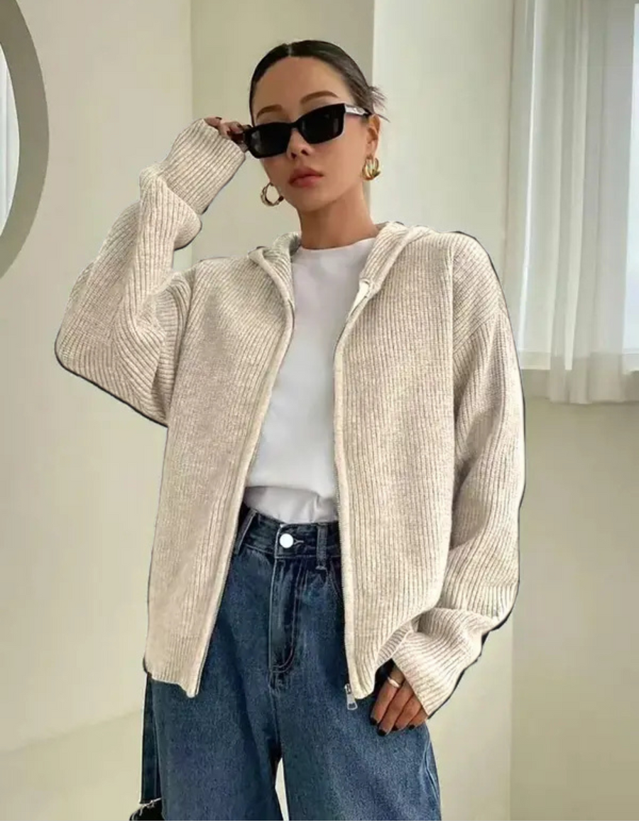 LARALI | Casual Zip-Up Hooded Long Sleeve Cardigan