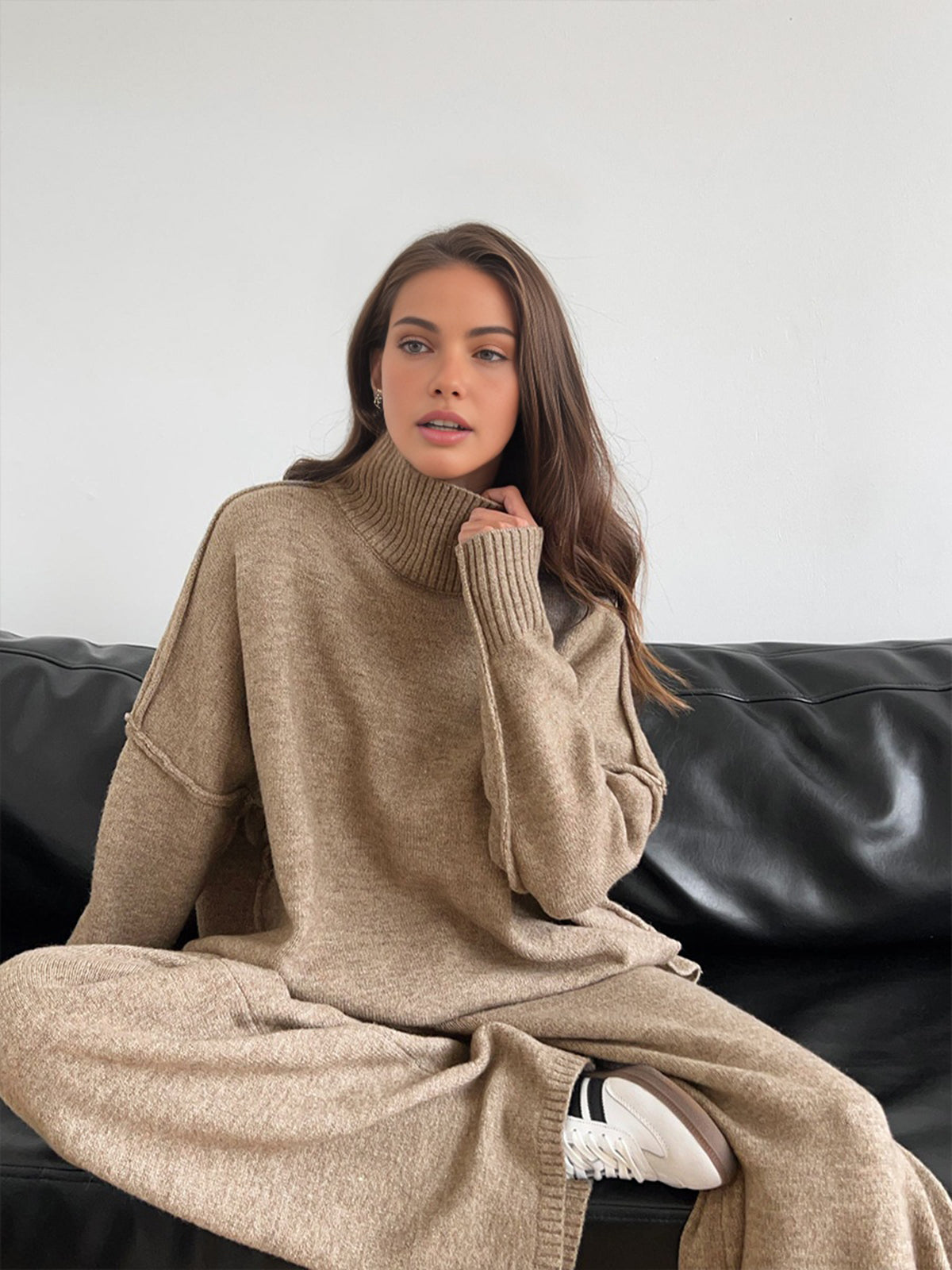 JHINA | Plain Turtleneck Knit Pants Set