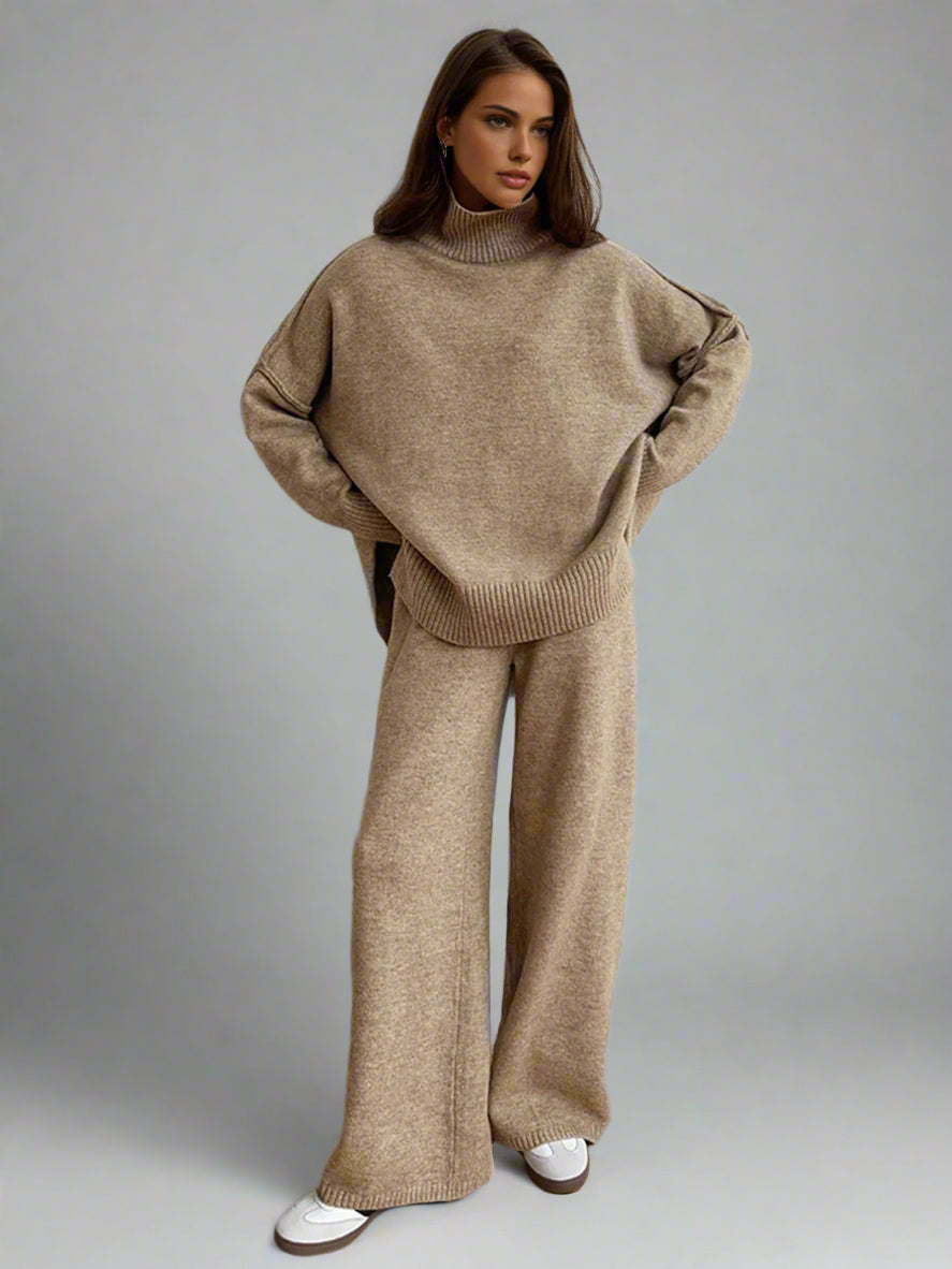 JHINA | Plain Turtleneck Knit Pants Set