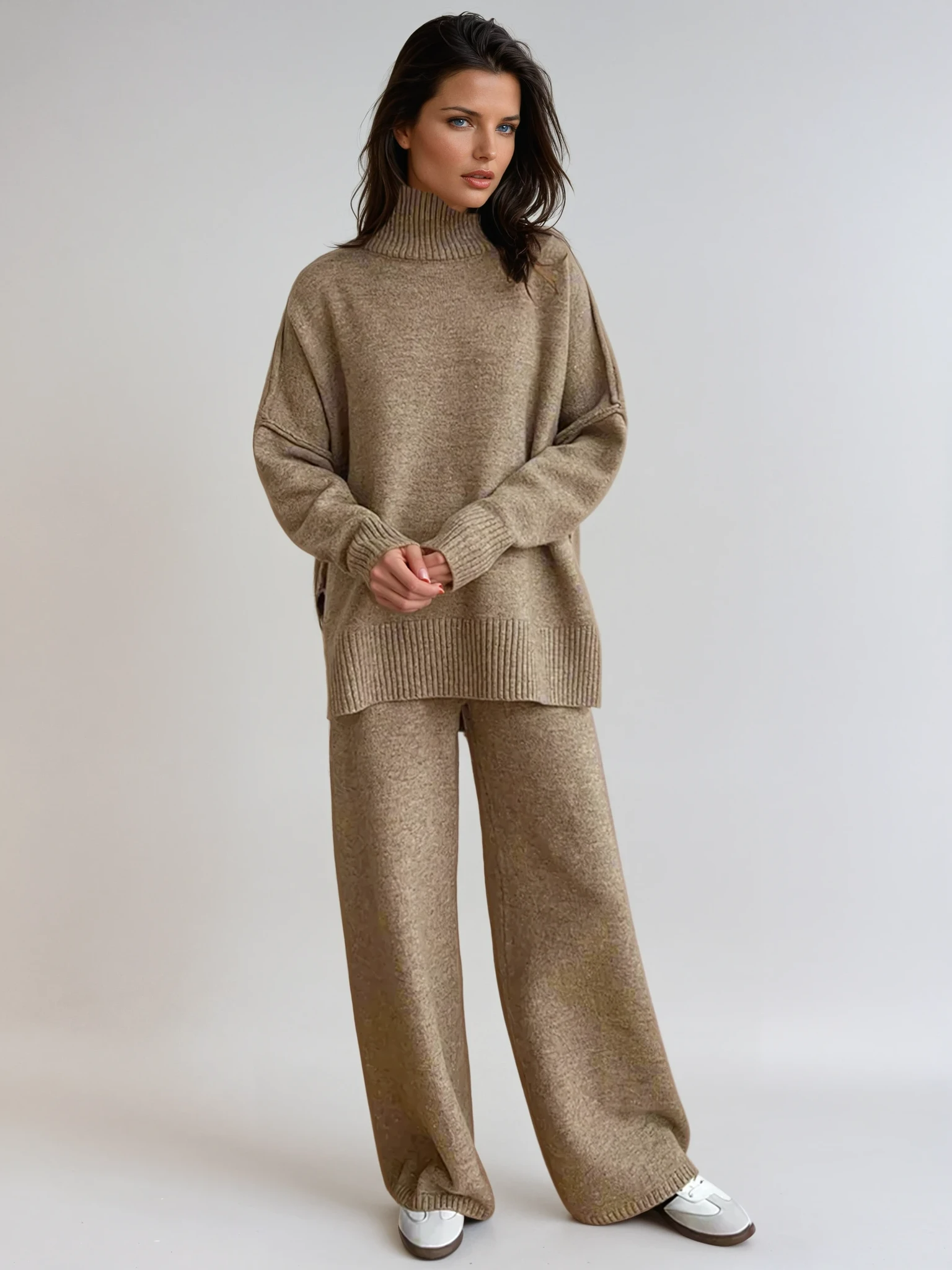 JHINA | Plain Turtleneck Knit Pants Set