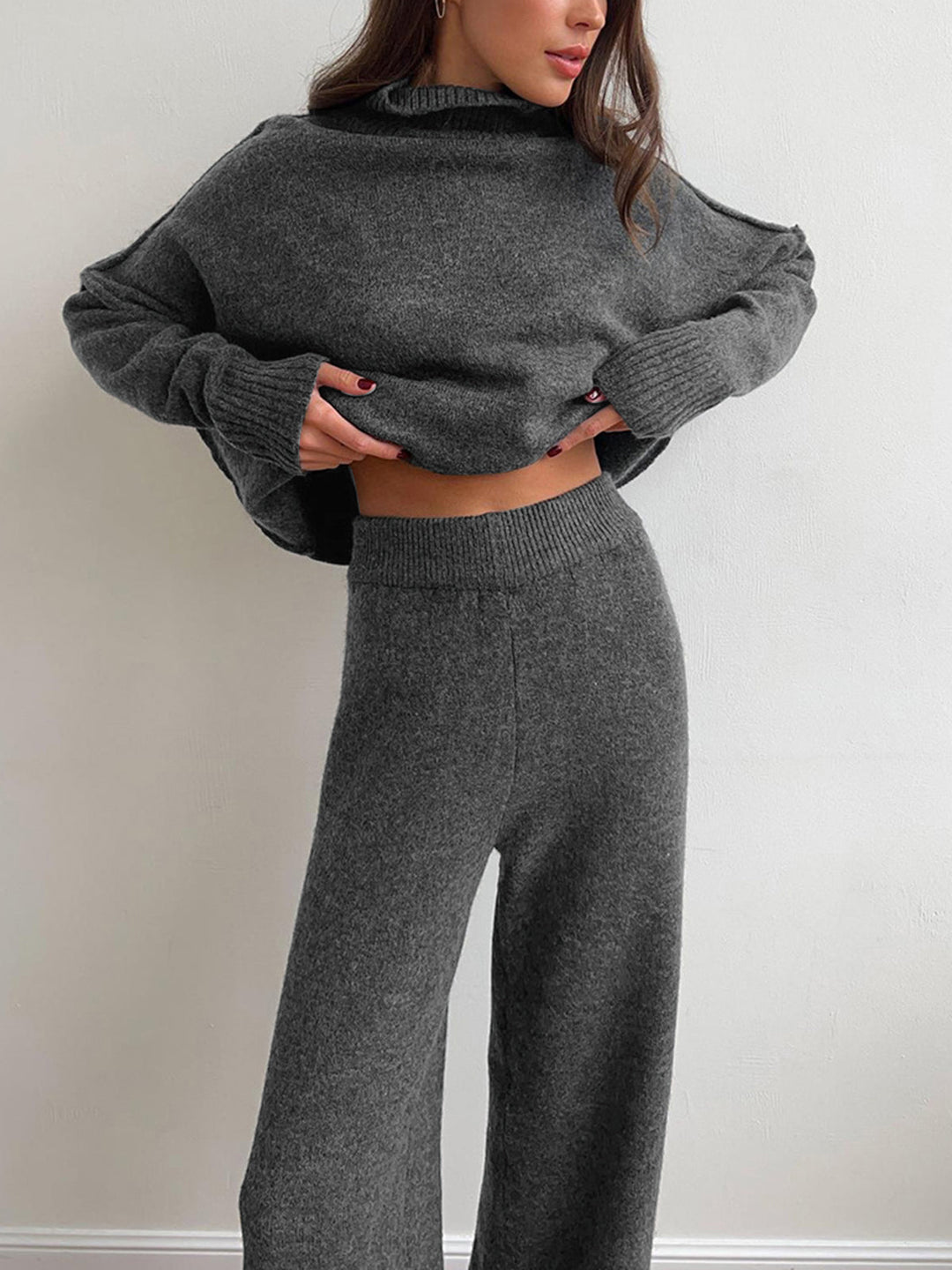 JHINA | Plain Turtleneck Knit Pants Set