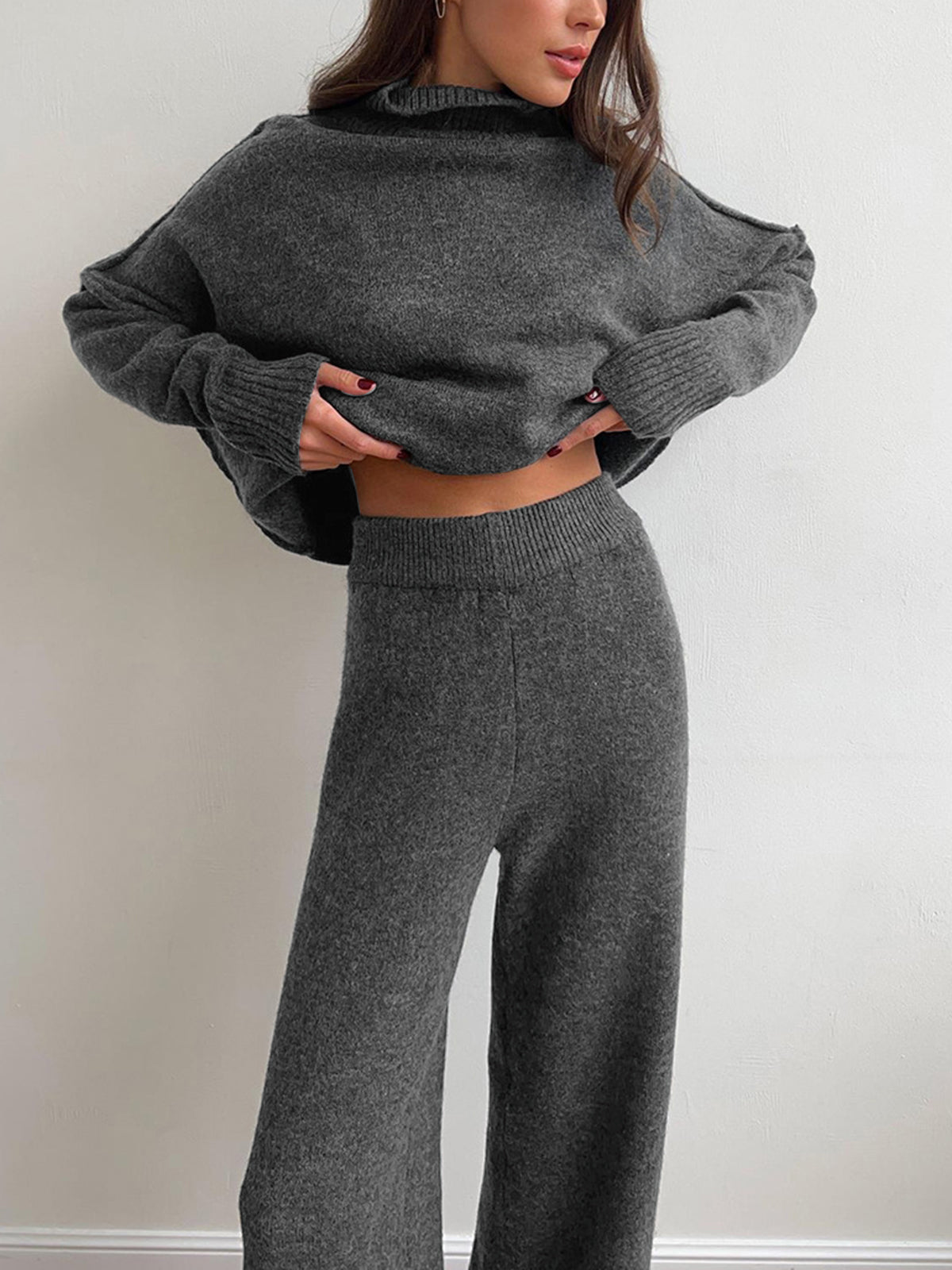 JHINA | Plain Turtleneck Knit Pants Set