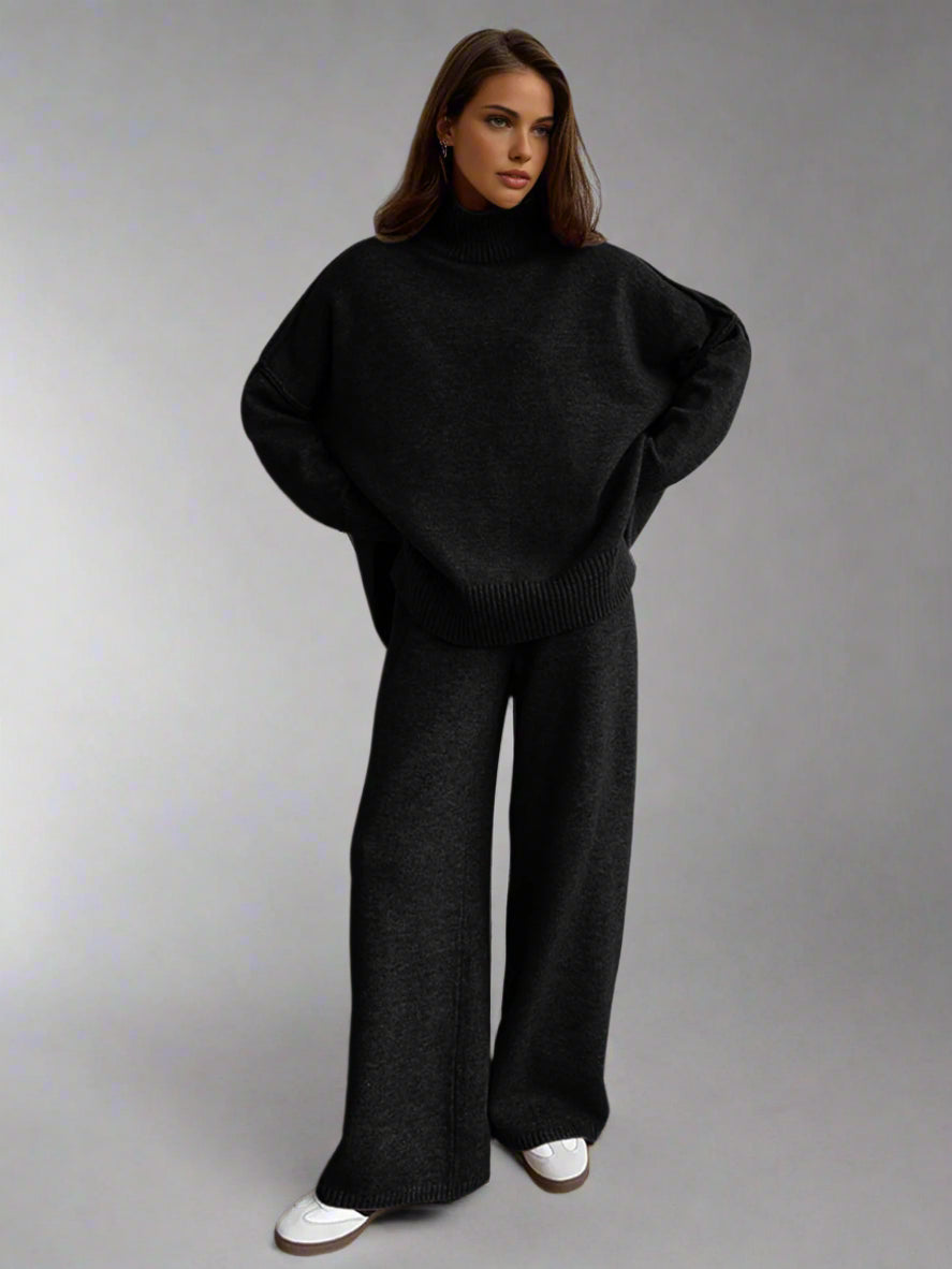 JHINA | Plain Turtleneck Knit Pants Set