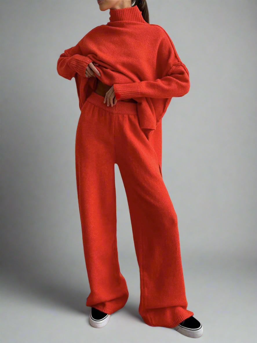 JHINA | Plain Turtleneck Knit Pants Set