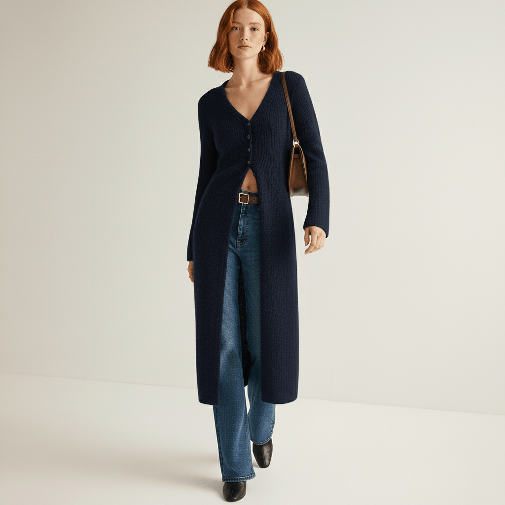 LISANN | Ribbed V-Neck Maxi Button-Down Women's Cardigans