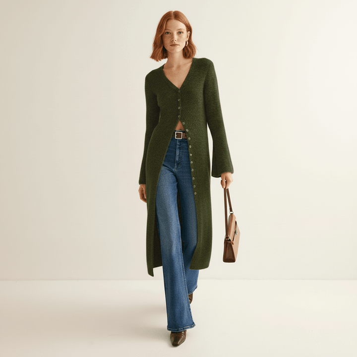 LISANN | Ribbed V-Neck Maxi Button-Down Women's Cardigans