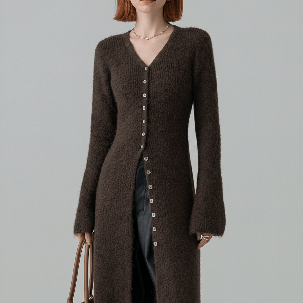 LISANN | Ribbed V-Neck Maxi Button-Down Women's Cardigans