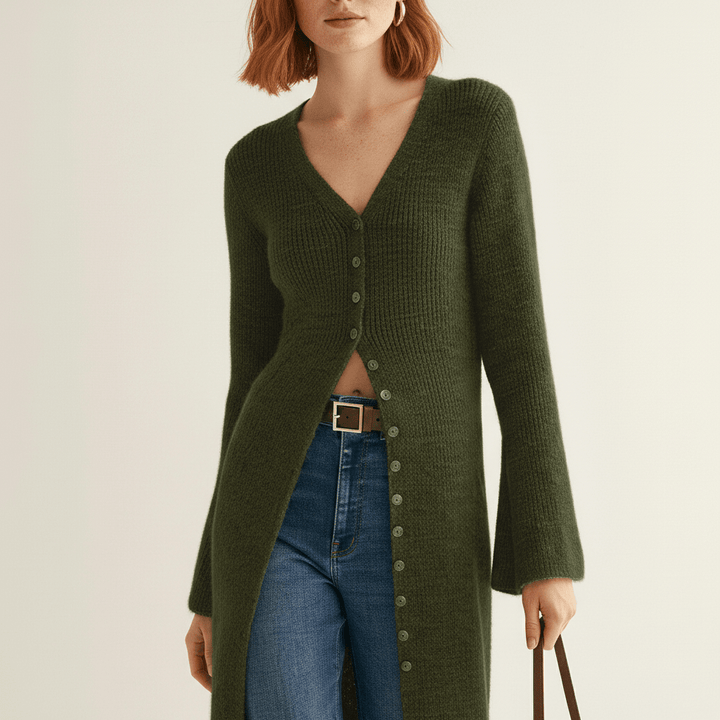 LISANN | Ribbed V-Neck Maxi Button-Down Women's Cardigans