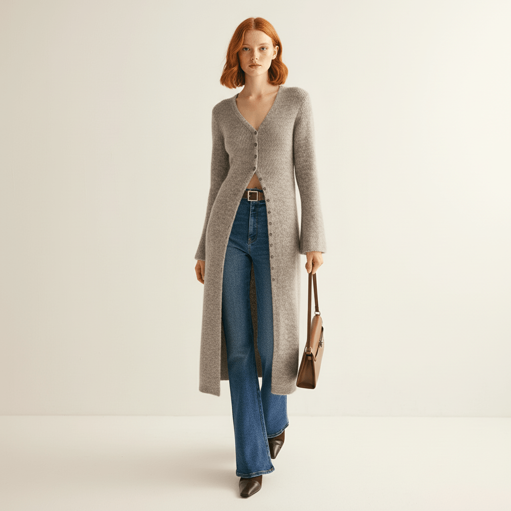LISANN | Ribbed V-Neck Maxi Button-Down Women's Cardigans