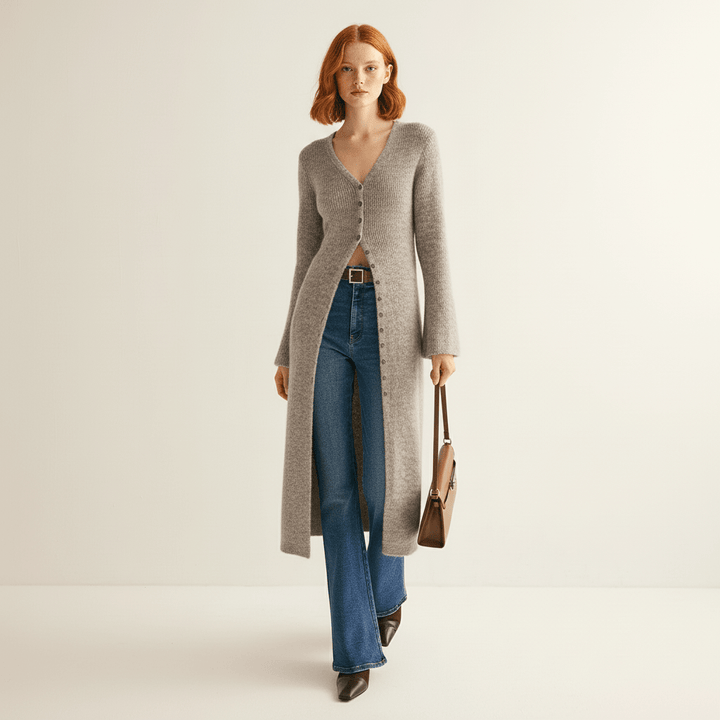 LISANN | Ribbed V-Neck Maxi Button-Down Women's Cardigans