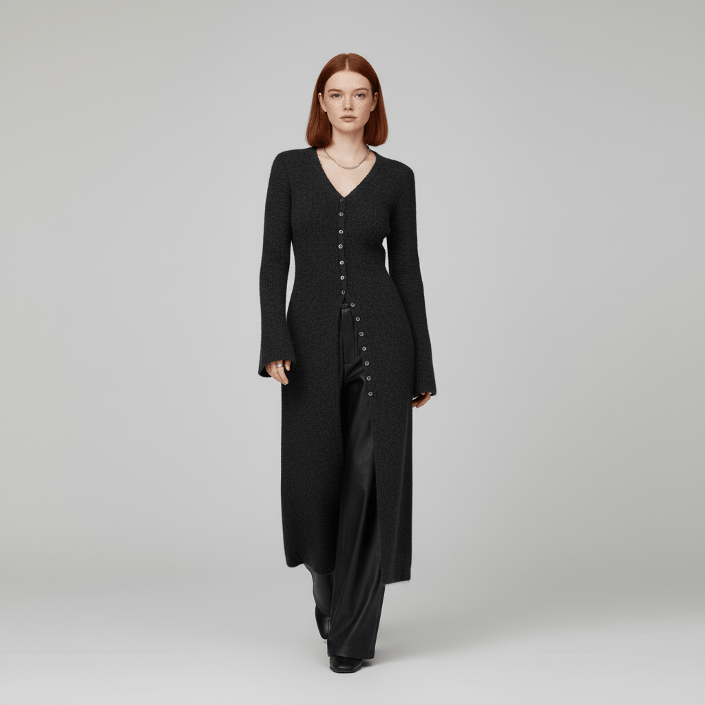 LISANN | Ribbed V-Neck Maxi Button-Down Women's Cardigans