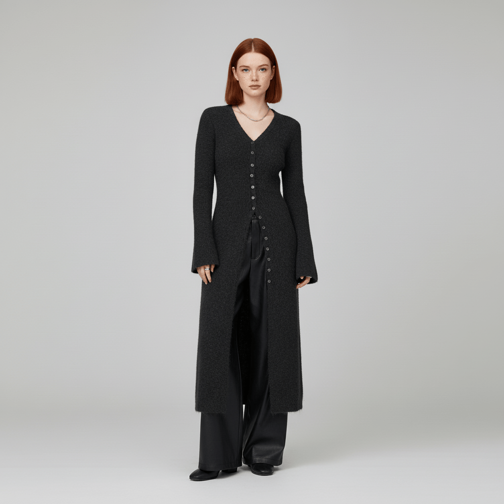 LISANN | Ribbed V-Neck Maxi Button-Down Women's Cardigans