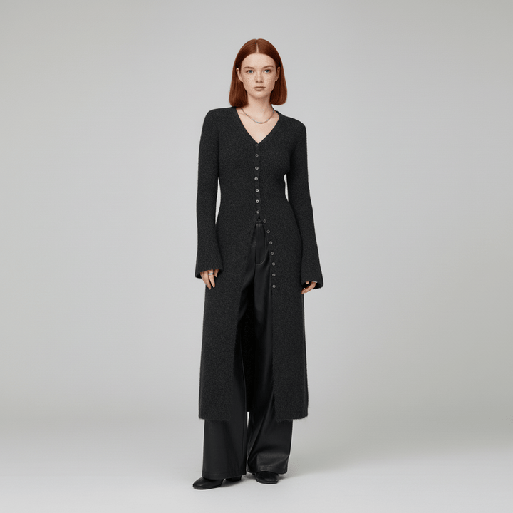 LISANN | Ribbed V-Neck Maxi Button-Down Women's Cardigans