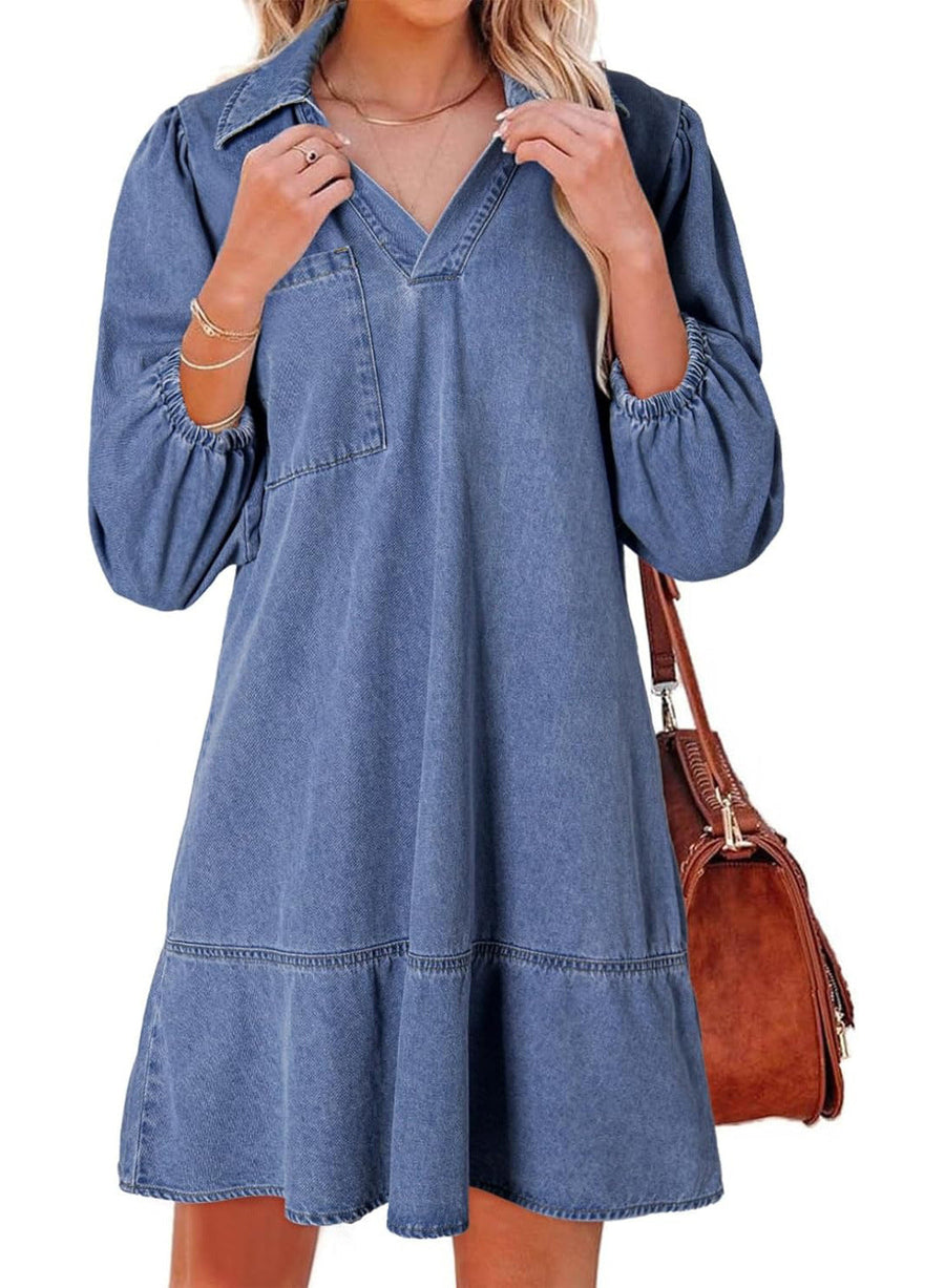AMAIA | V Neck Puff Sleeve Babydoll Dress