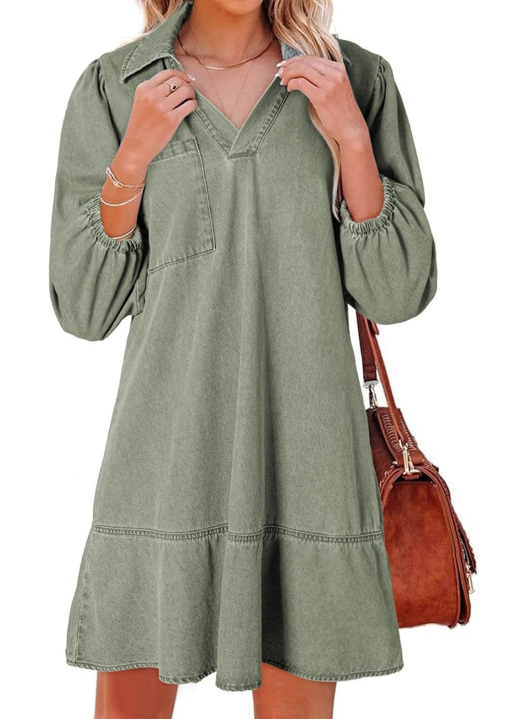 AMAIA | V Neck Puff Sleeve Babydoll Dress