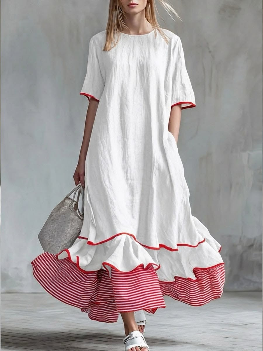AGATA | Long Dress with Red Stripes and Ruffles