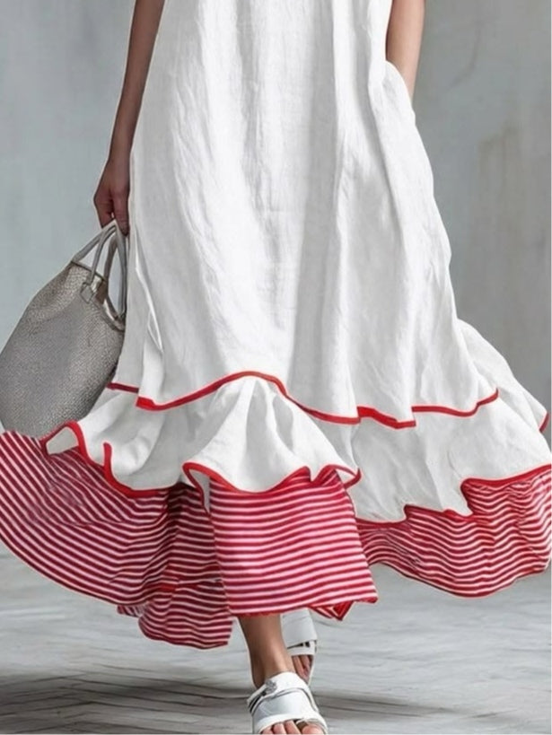 AGATA | Long Dress with Red Stripes and Ruffles