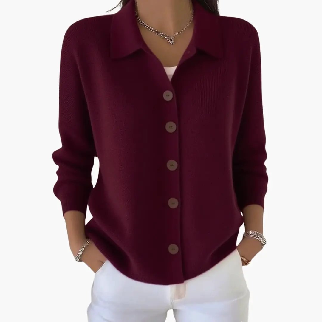 CYRA | Women's Lapel Collar Cardigan with Button Closure and Textured Knit