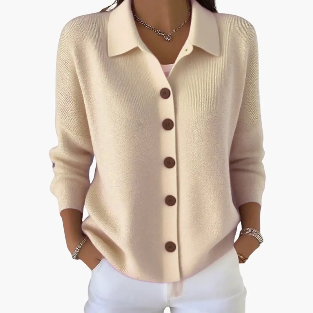 CYRA | Women's Lapel Collar Cardigan with Button Closure and Textured Knit