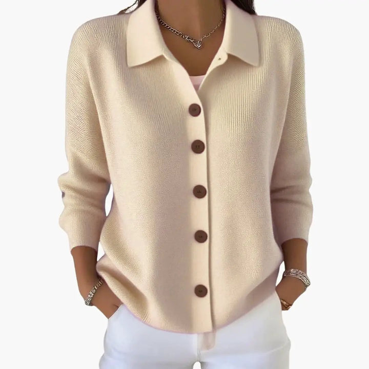 CYRA | Women's Lapel Collar Cardigan with Button Closure and Textured Knit