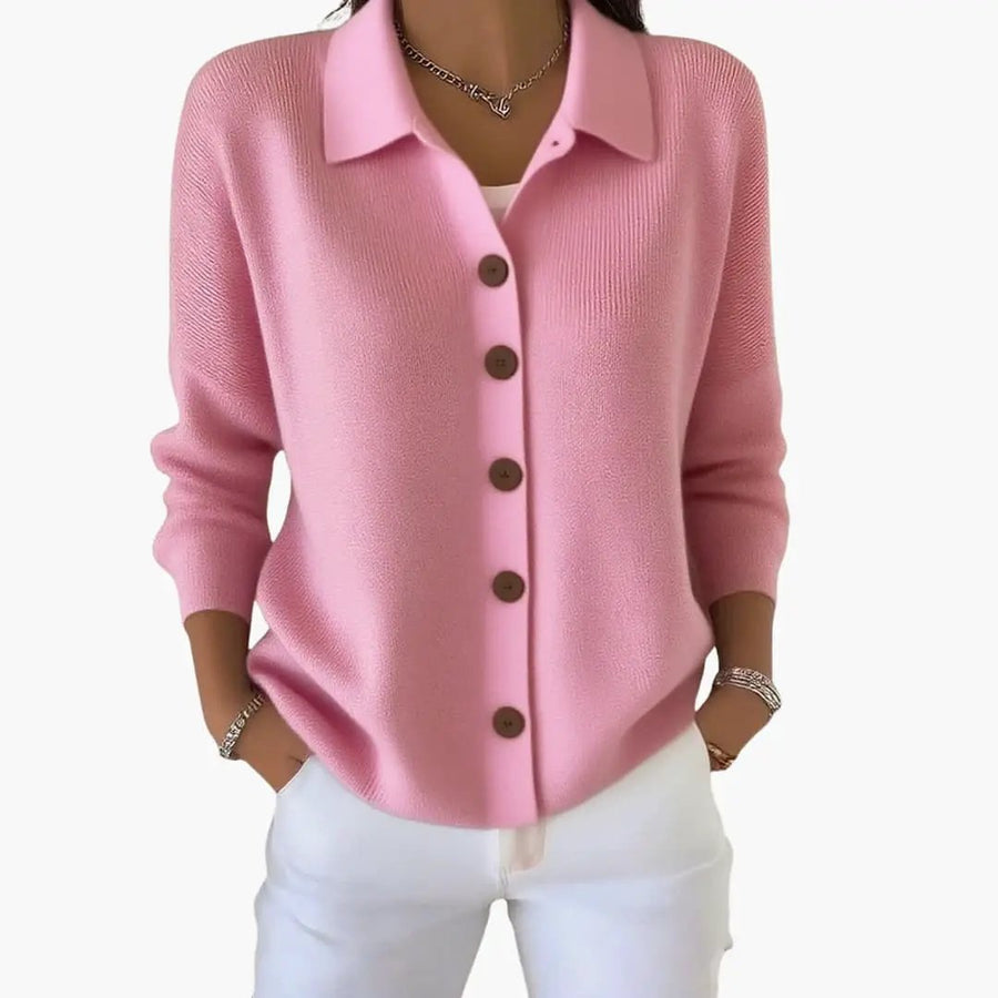 CYRA | Women's Lapel Collar Cardigan with Button Closure and Textured Knit