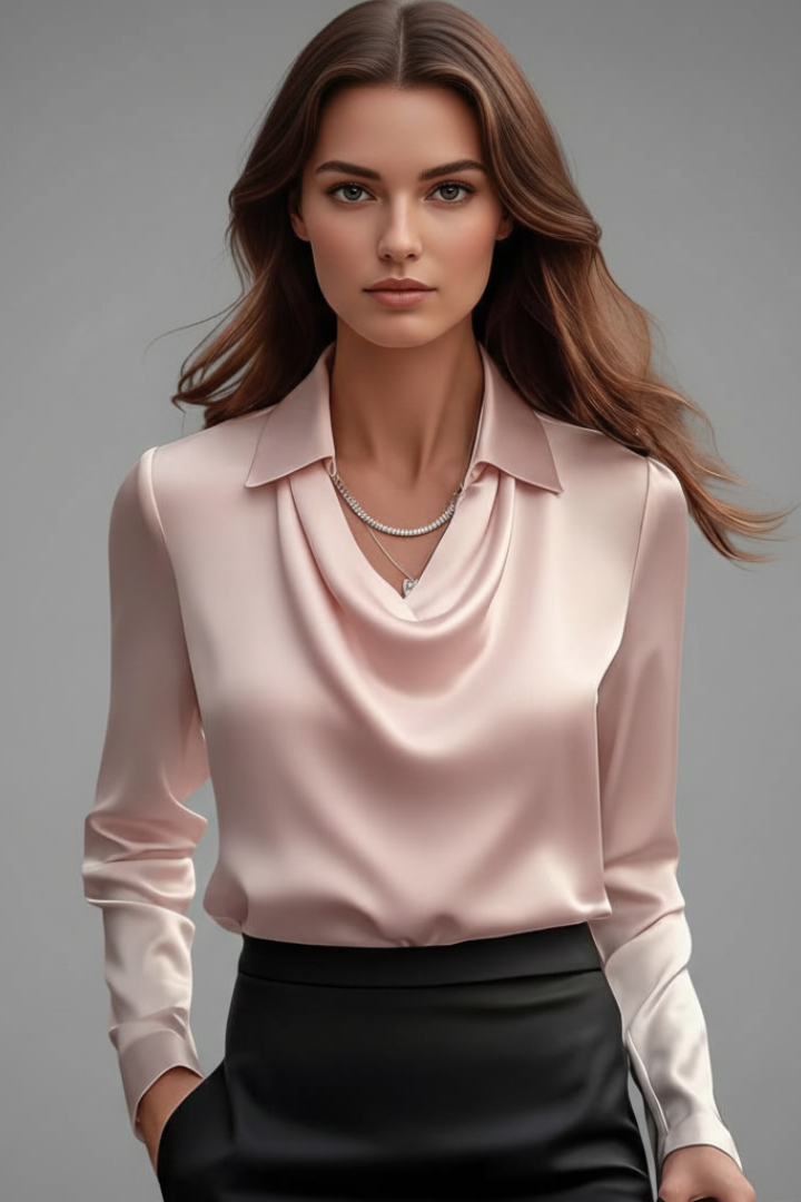 MILANA | Women’s Blouse with Draped Collar and Long Sleeves