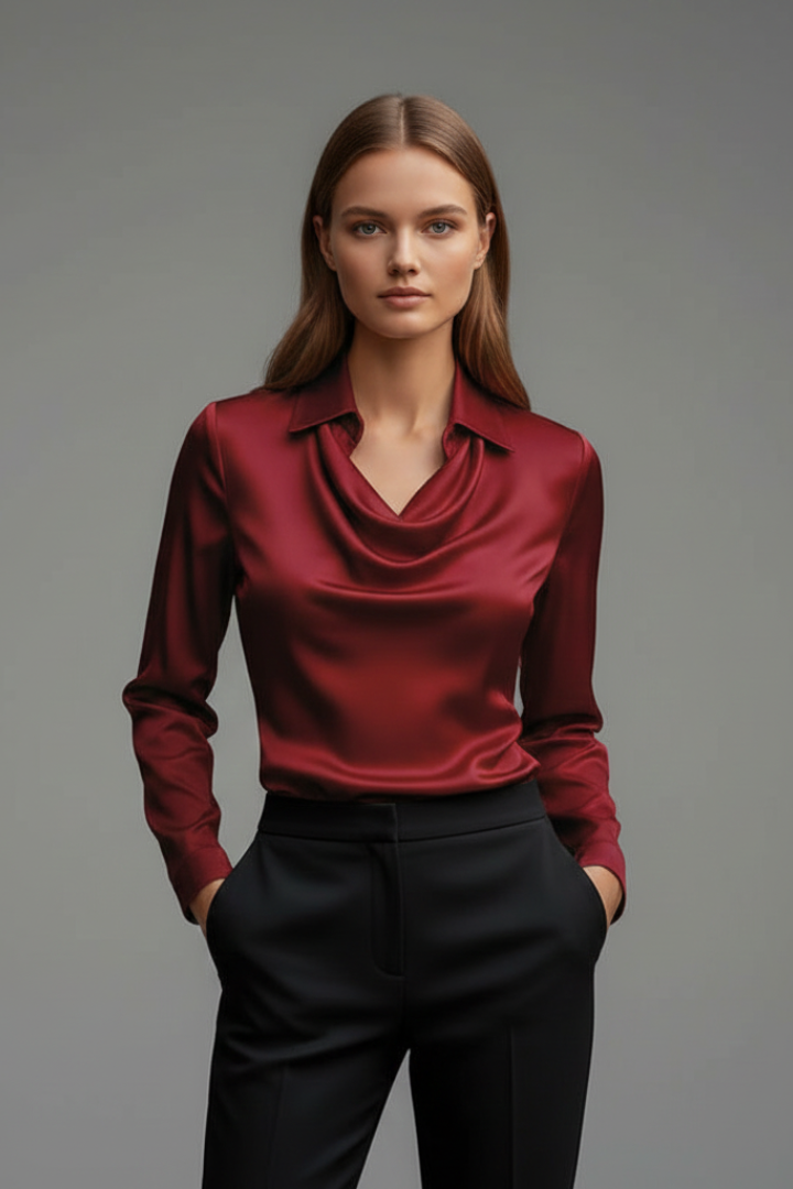 MILANA | Women’s Blouse with Draped Collar and Long Sleeves