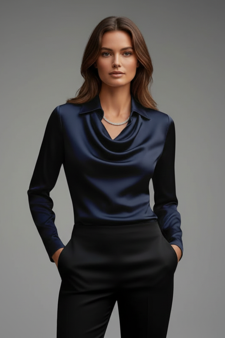 MILANA | Women’s Blouse with Draped Collar and Long Sleeves