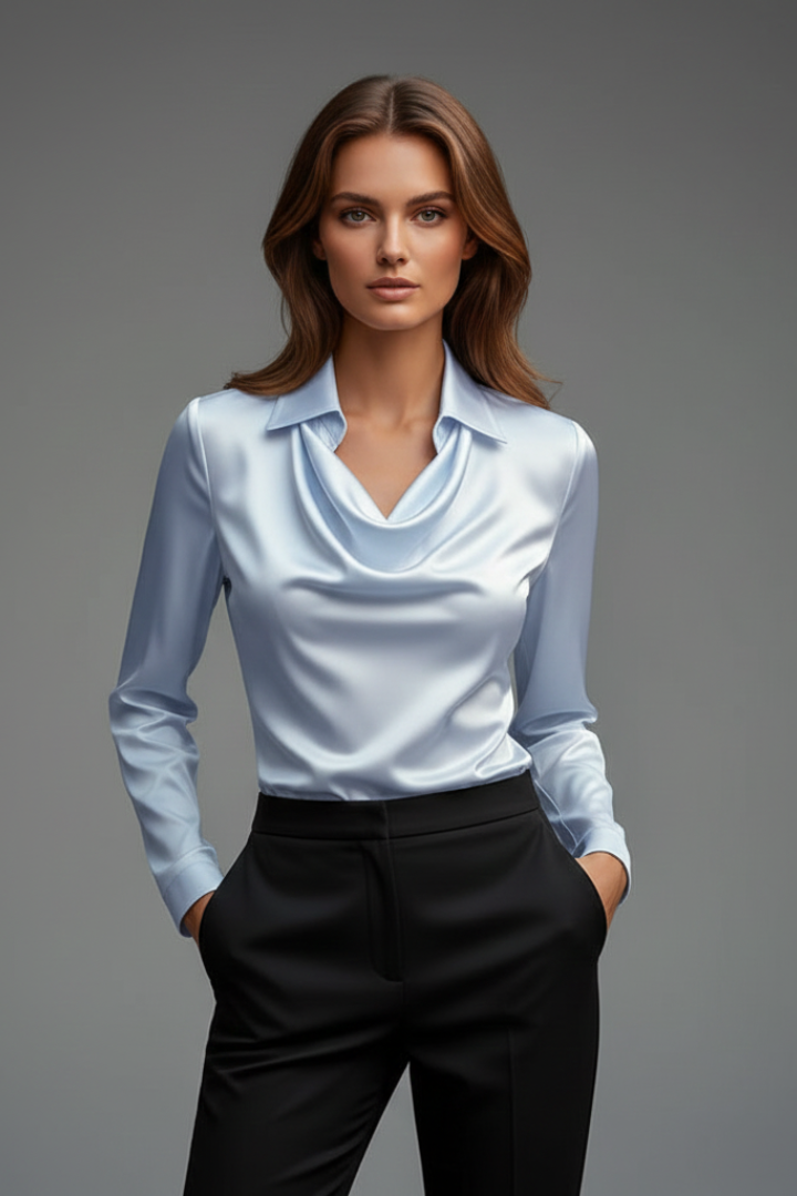 MILANA | Women’s Blouse with Draped Collar and Long Sleeves