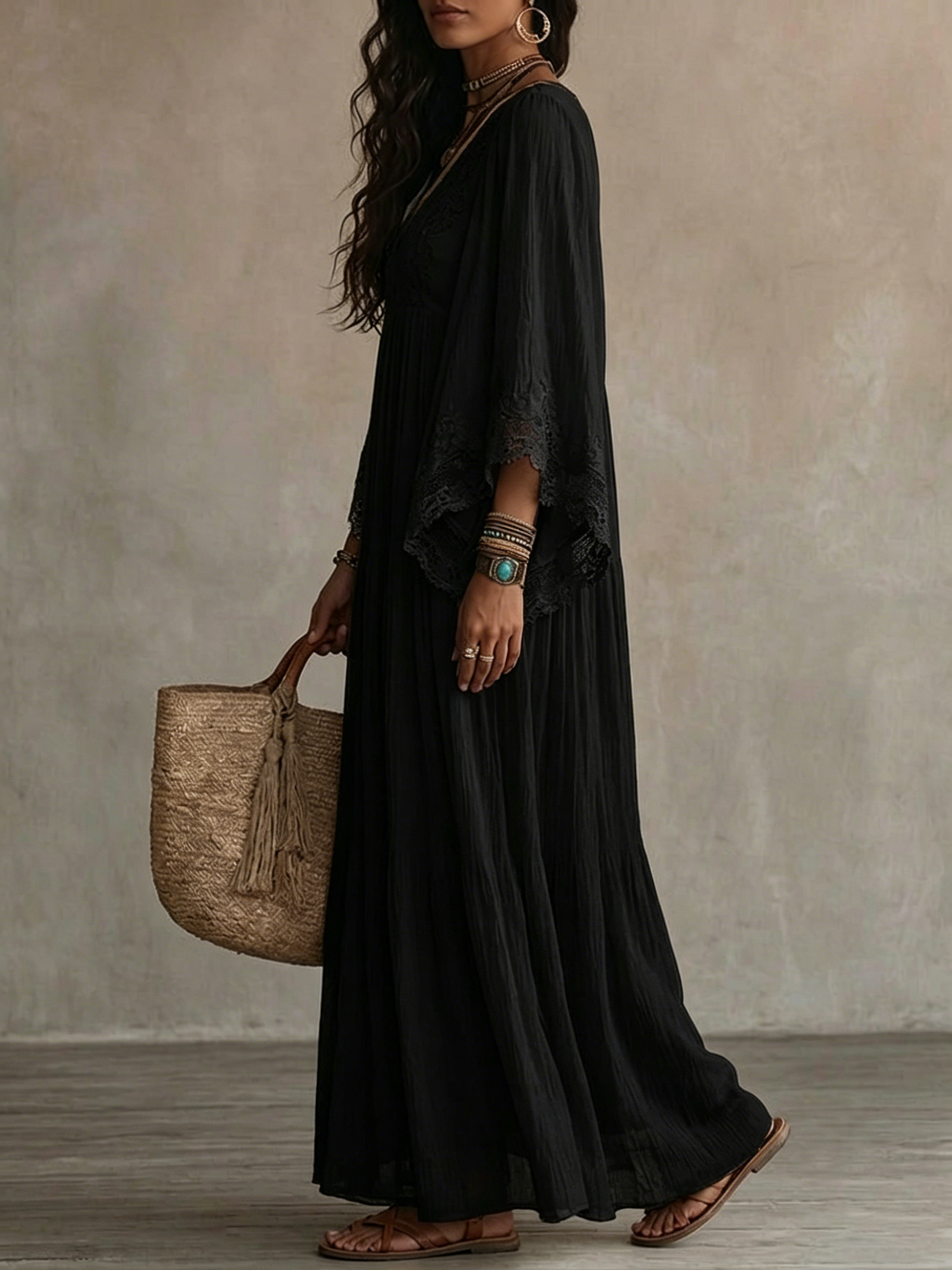 CELESTE | Long Dress with Batwing Sleeves and Lace