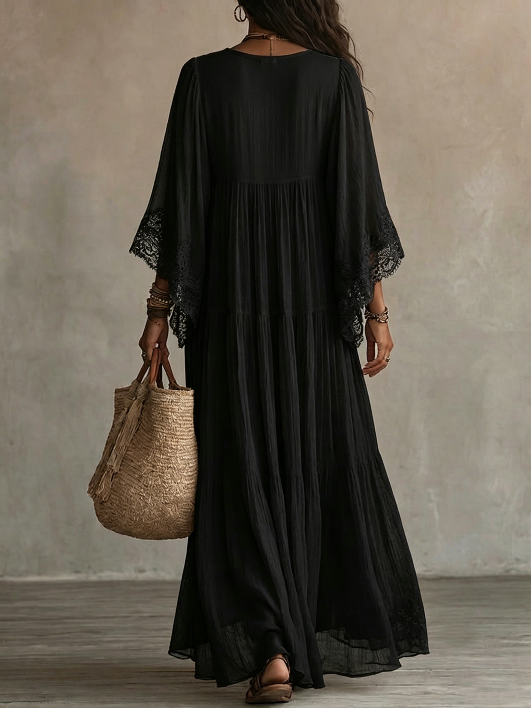 CELESTE | Long Dress with Batwing Sleeves and Lace