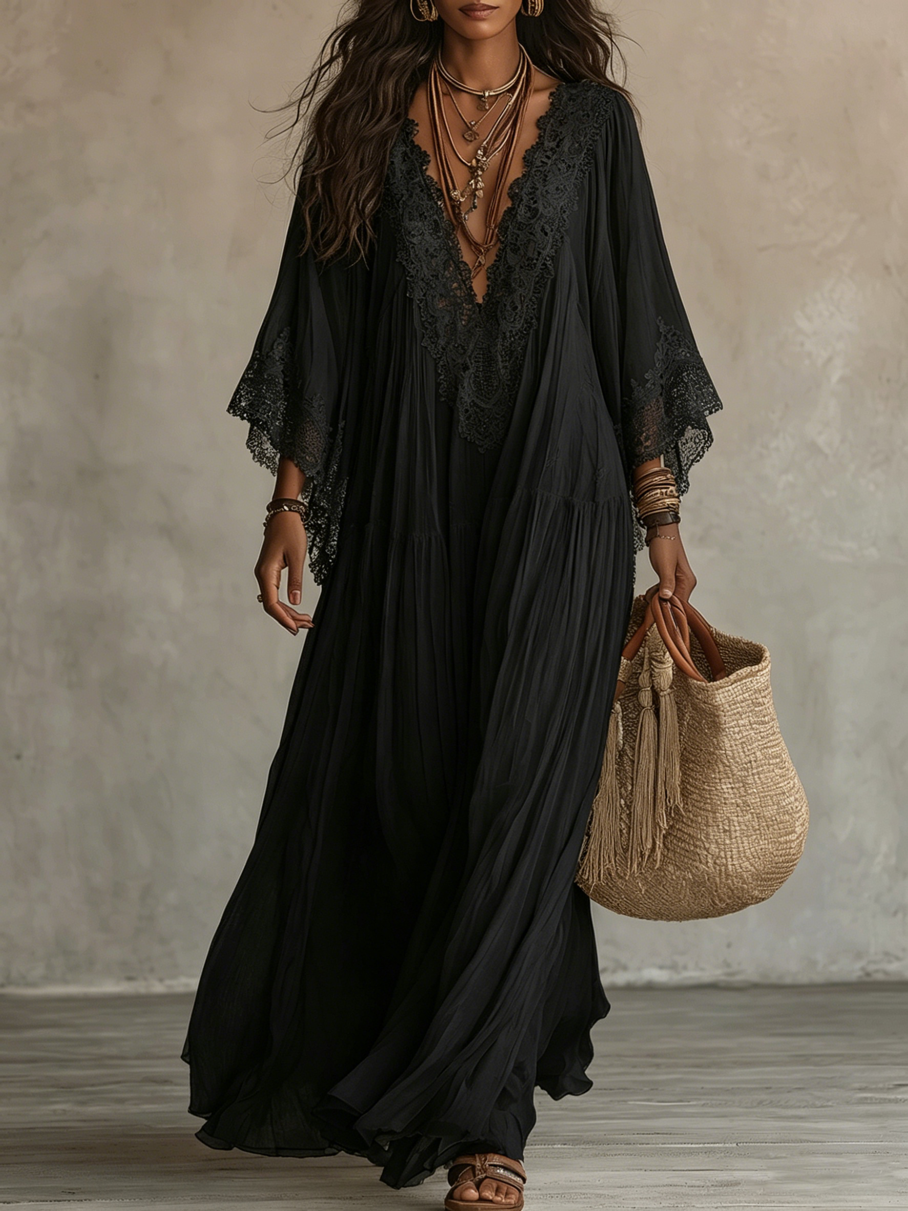 CELESTE | Long Dress with Batwing Sleeves and Lace