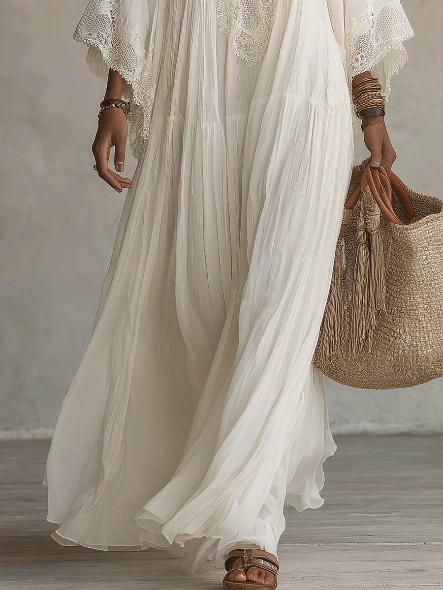 CELESTE | Long Dress with Batwing Sleeves and Lace