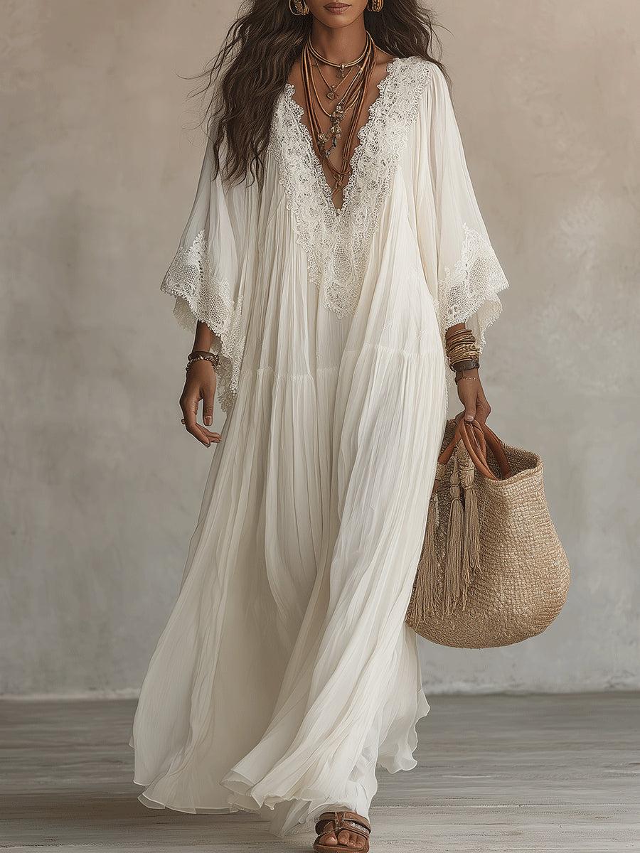 CELESTE | Long Dress with Batwing Sleeves and Lace