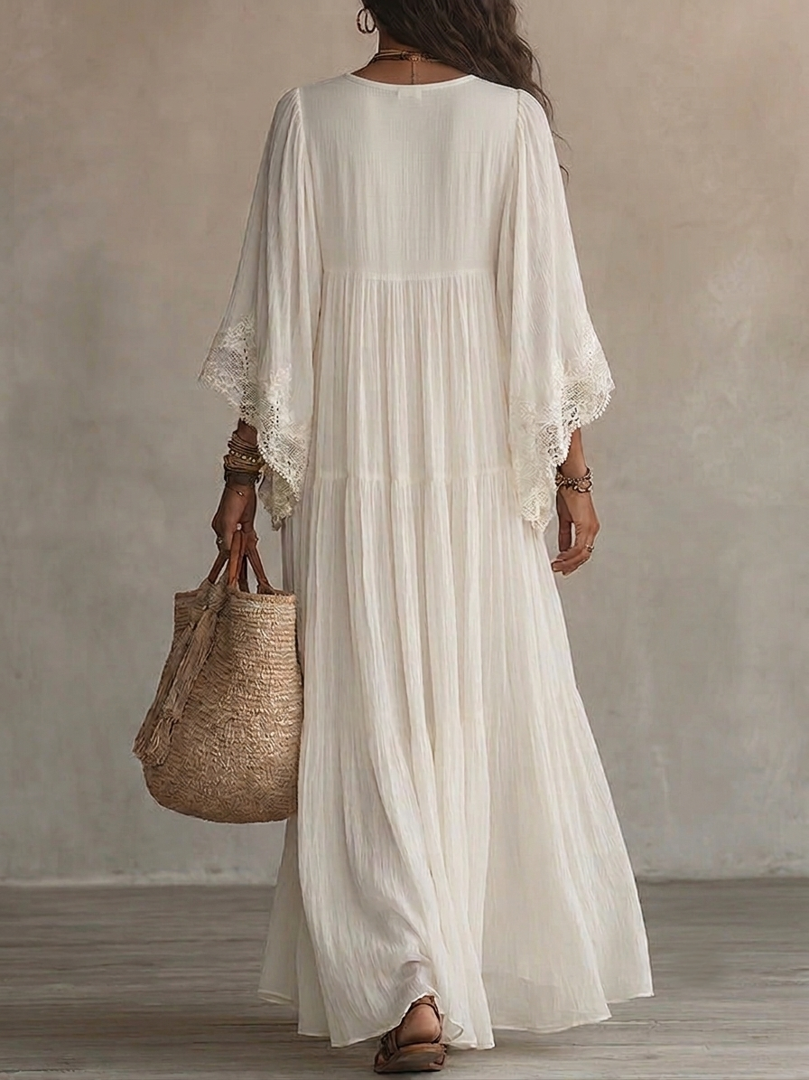 CELESTE | Long Dress with Batwing Sleeves and Lace