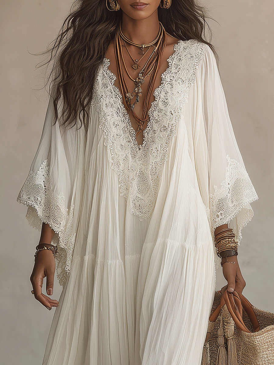 CELESTE | Long Dress with Batwing Sleeves and Lace