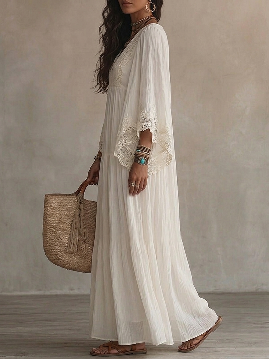 CELESTE | Long Dress with Batwing Sleeves and Lace