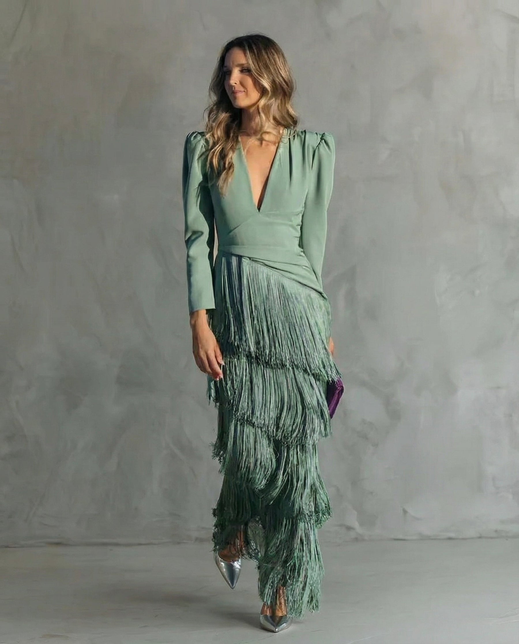 LIVY | Elegant Midi Dress with Fringe Sleeves