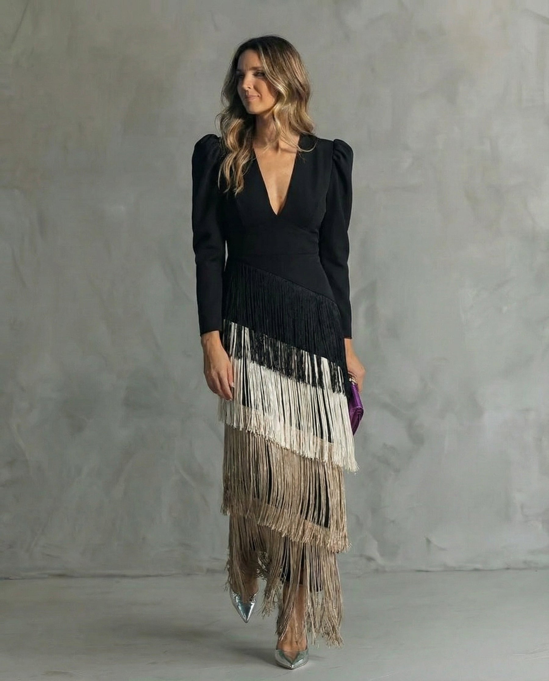 LIVY | Elegant Midi Dress with Fringe Sleeves