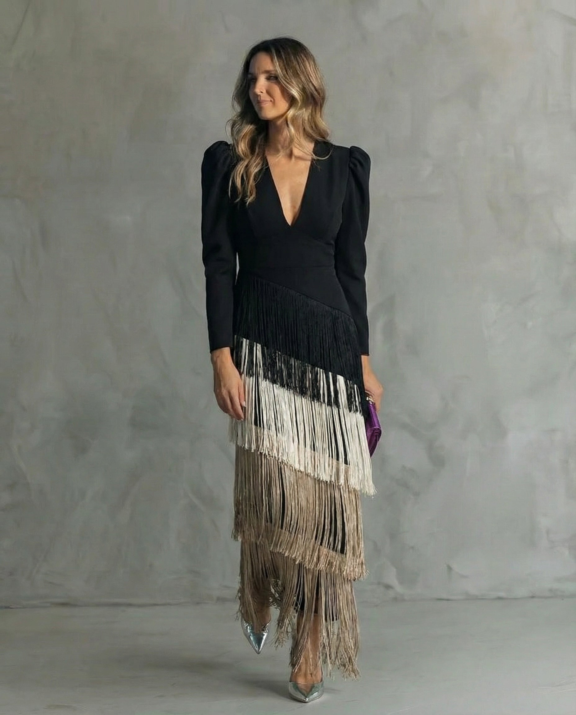 LIVY | Elegant Midi Dress with Fringe Sleeves
