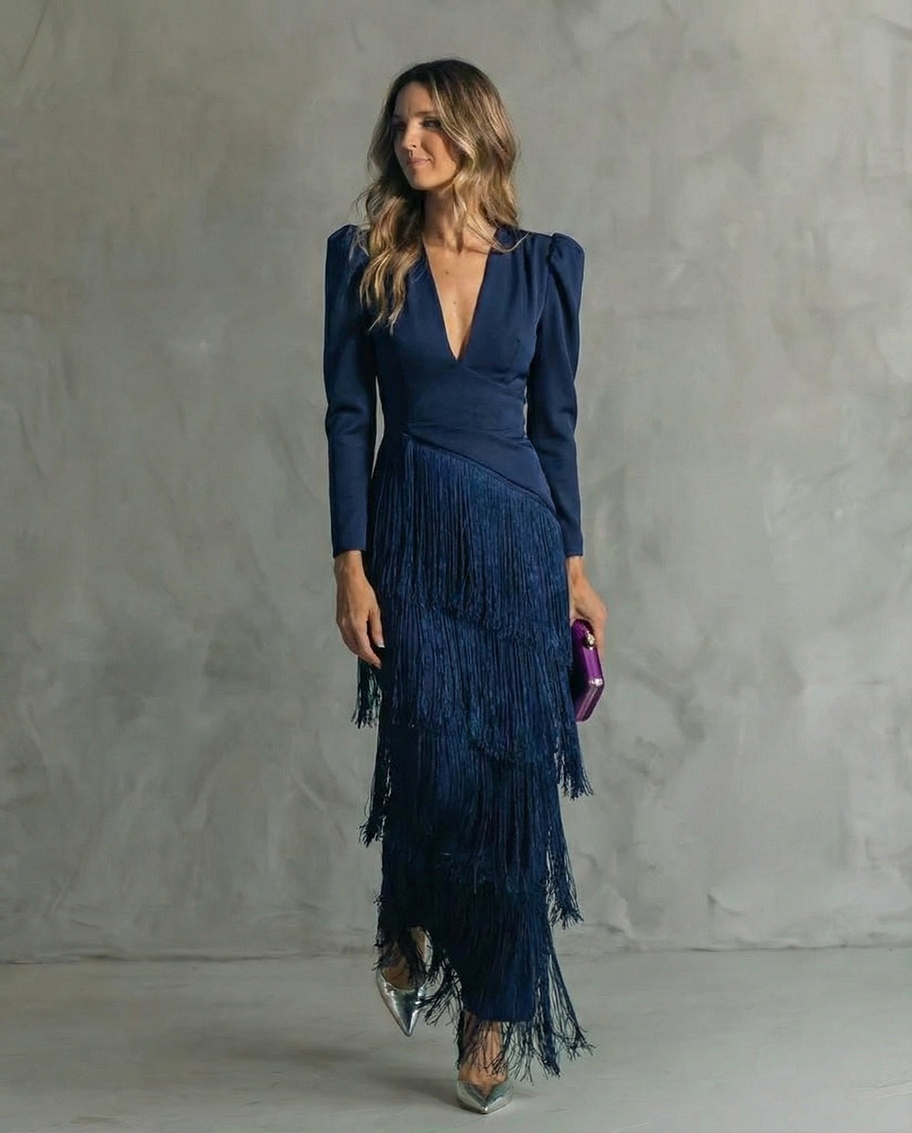 LIVY | Elegant Midi Dress with Fringe Sleeves