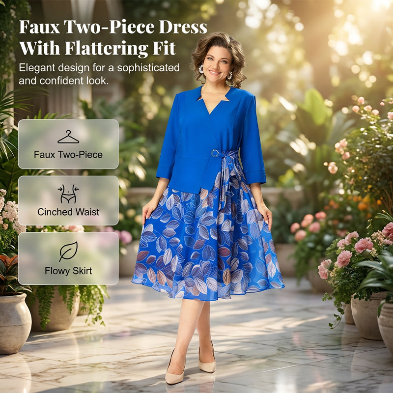 LENI | Elegant Faux Two-Piece Leaf Print Dress