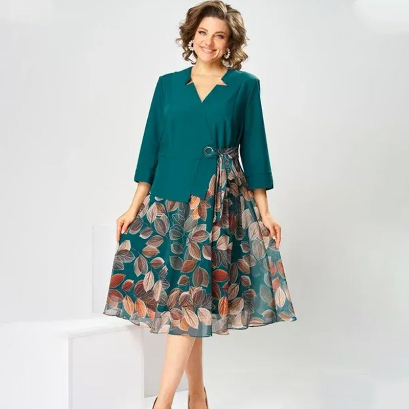 LENI | Elegant Faux Two-Piece Leaf Print Dress